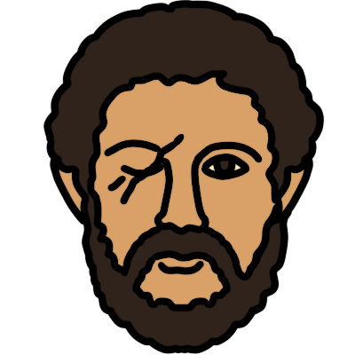  A portrait of the head of Philip II of Macedon, based on a statue head of him. He has very light brown skin and very dark brown short curly hair and beard. he has one closed eyelid with a scar over it and one open eye.